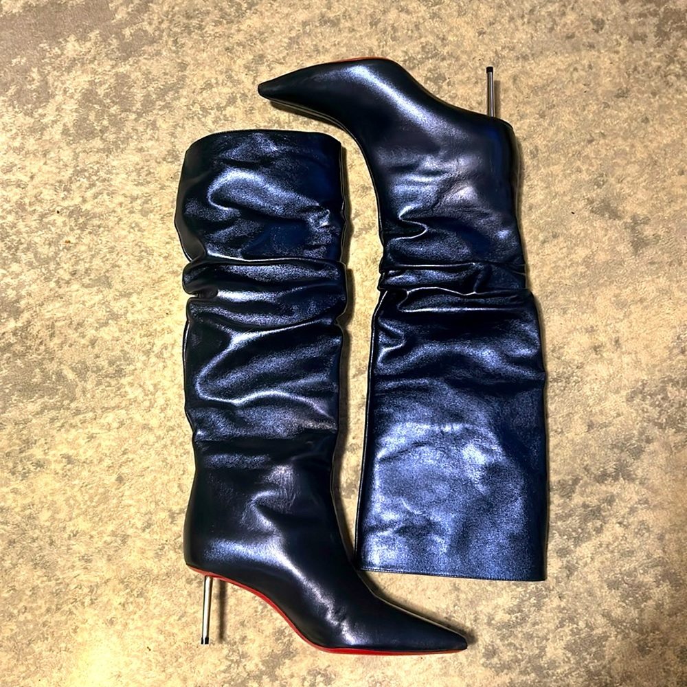 Christian Louboutin 70mm dark blue metallic knee high boots size 38